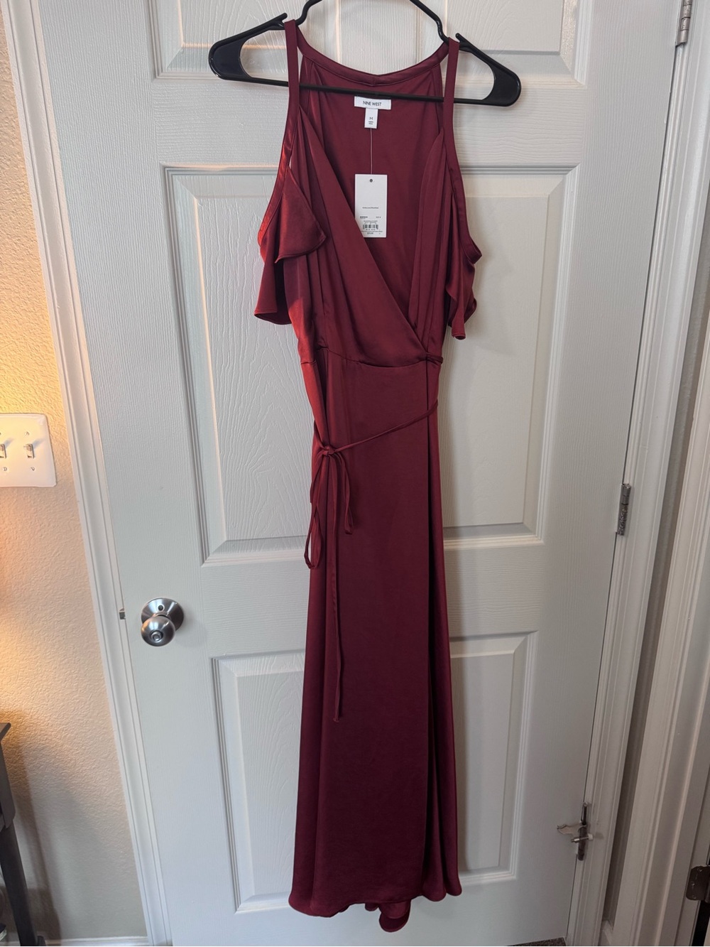 Nine West Burgundy Cold-Shoulder Wrap Maxi Dress